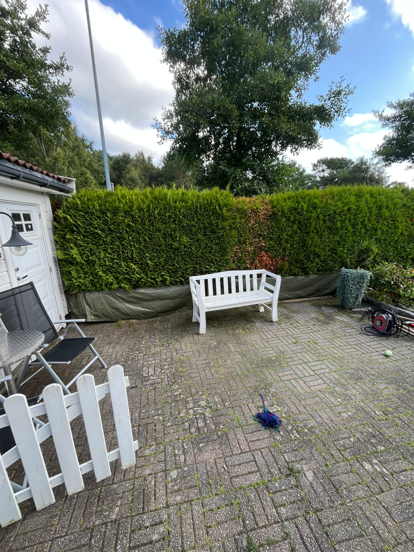 Uteplass med hvit benk foran den gamle tujahekken