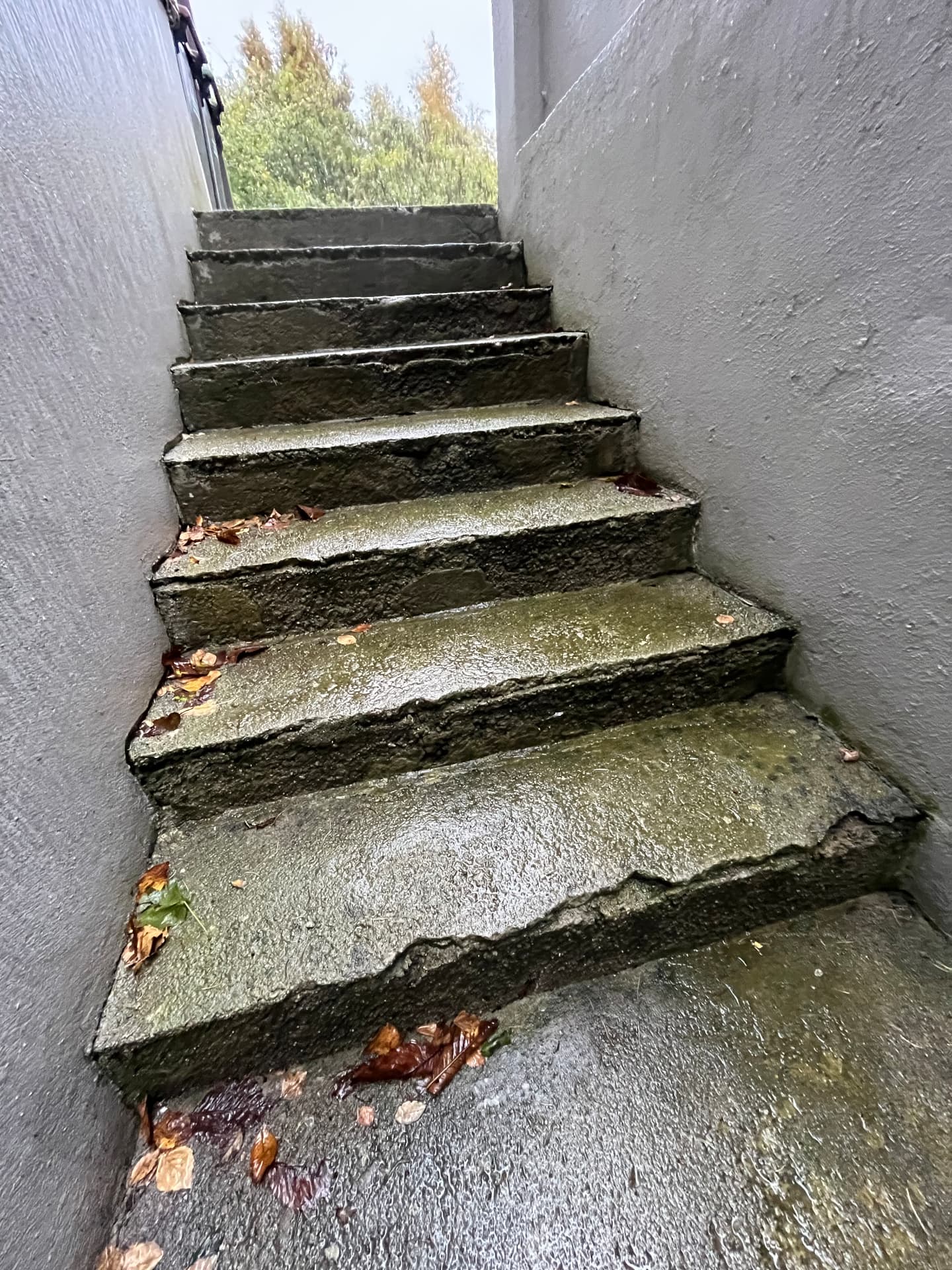 Den slitte betongtrappen før rehabilitering, med skadede trappekanter og ujevne overflater