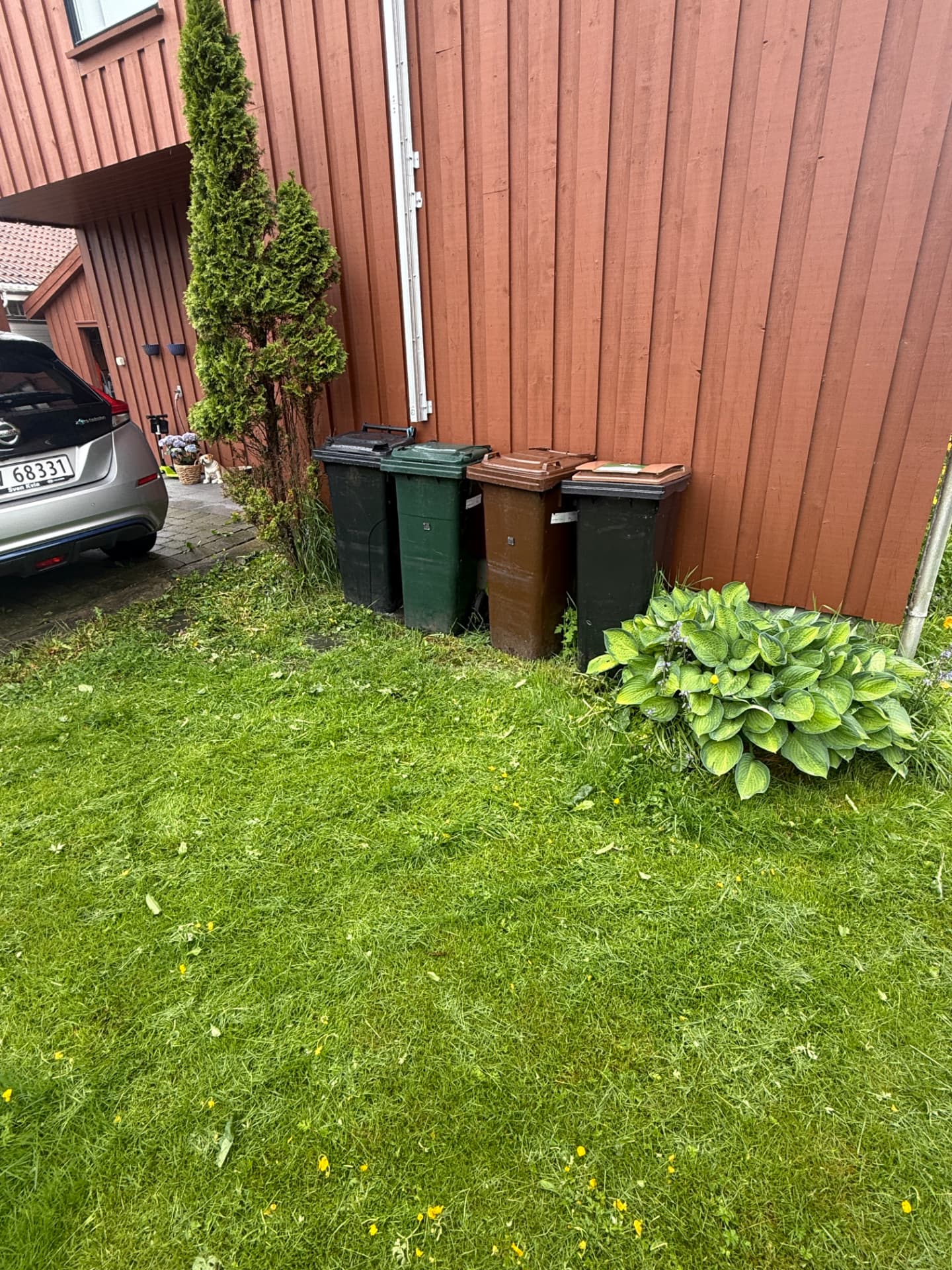 Søppeldunkene plassert rett på plenen inntil husveggen før opparbeidelsen