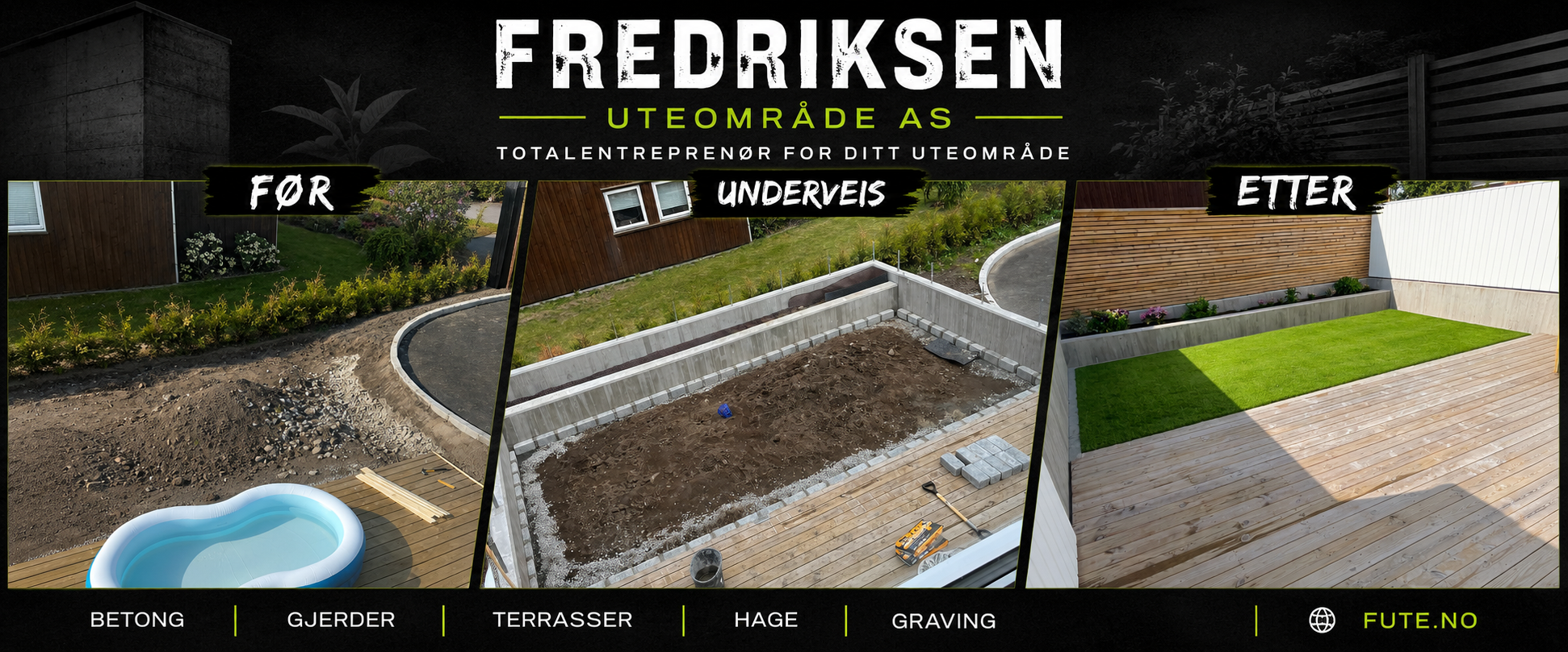 Før-, underveis- og ettervisning av uteplass med ny terrasse, plen og beplantning